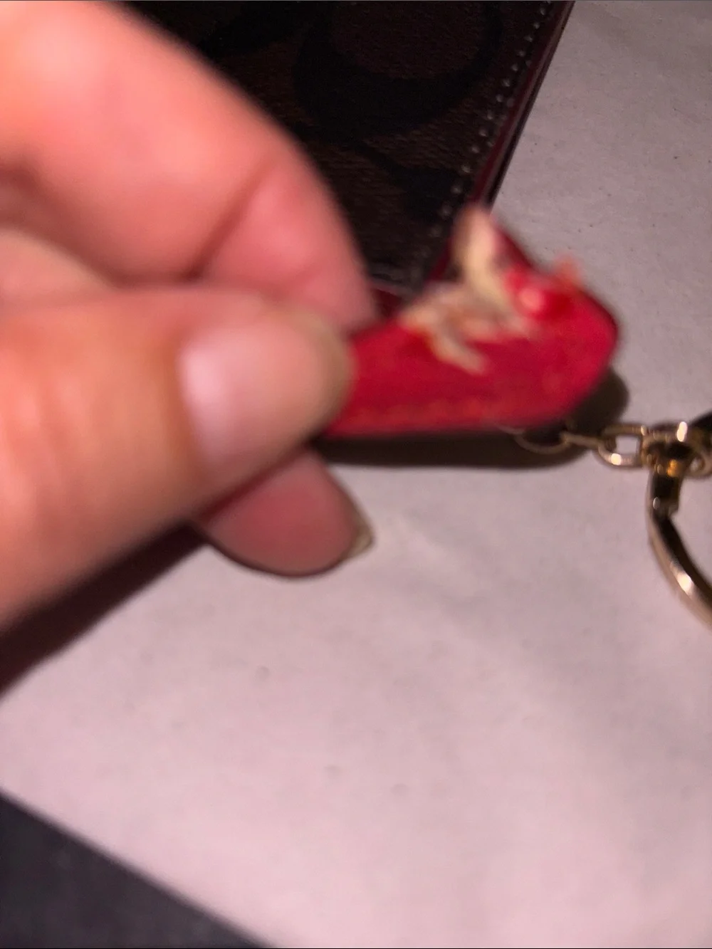Coach Brown Signature Card Case with Red Zip and Gold Key Ring